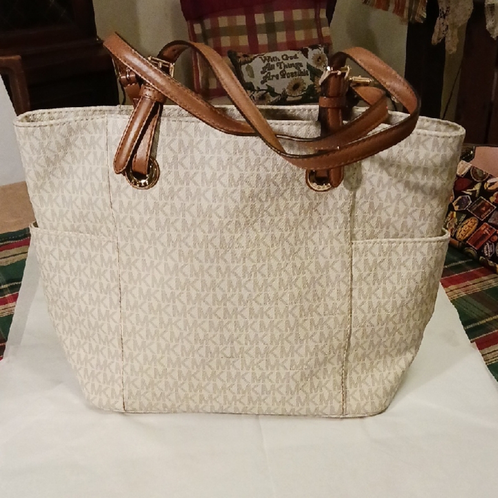 Michael Kors White and Brown Tote Bag